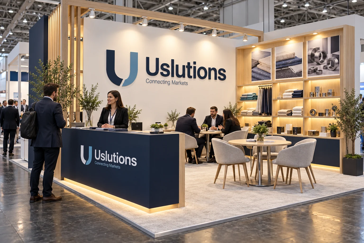 Uslutions stand concept with a reception counter, meeting tables and product samples
