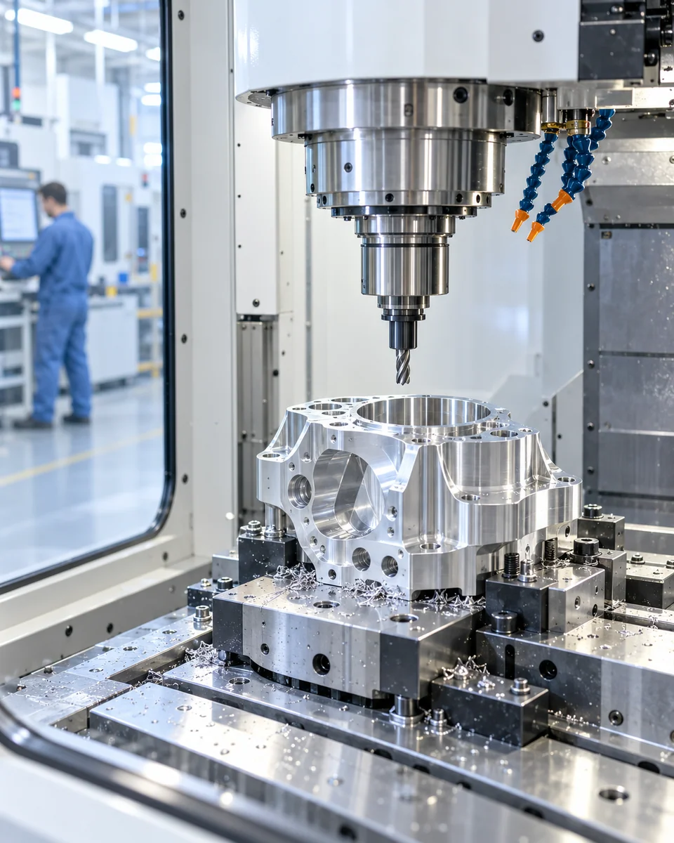 Illustrative image of a modern CNC machine and an aluminium component in a bright production facility