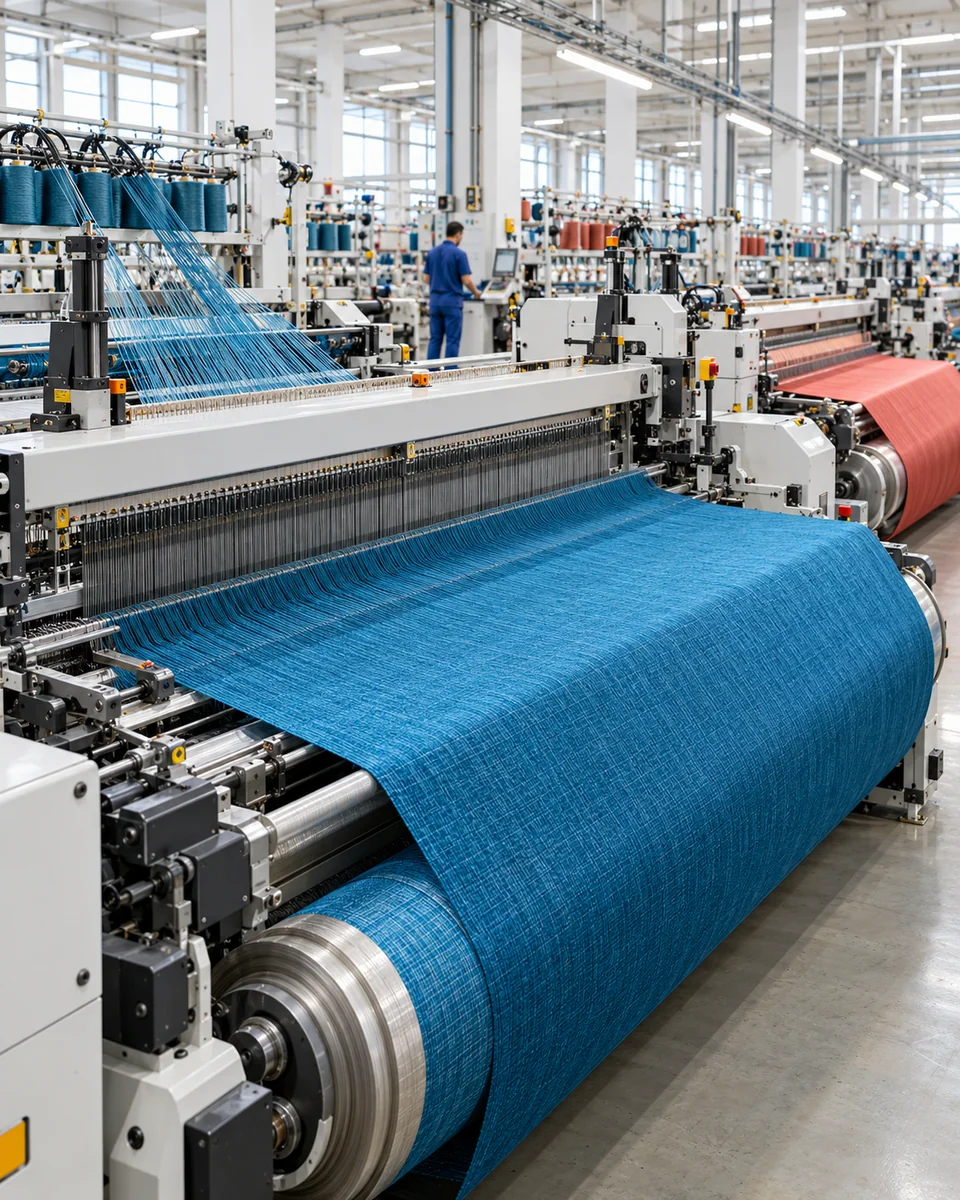 Modern textile factory with weaving machines producing blue and coral fabric