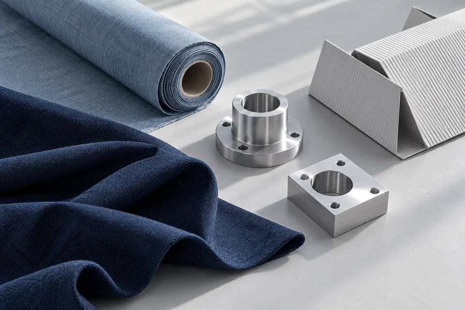 Illustrative arrangement of fabric samples, machined metal parts and folded packaging
